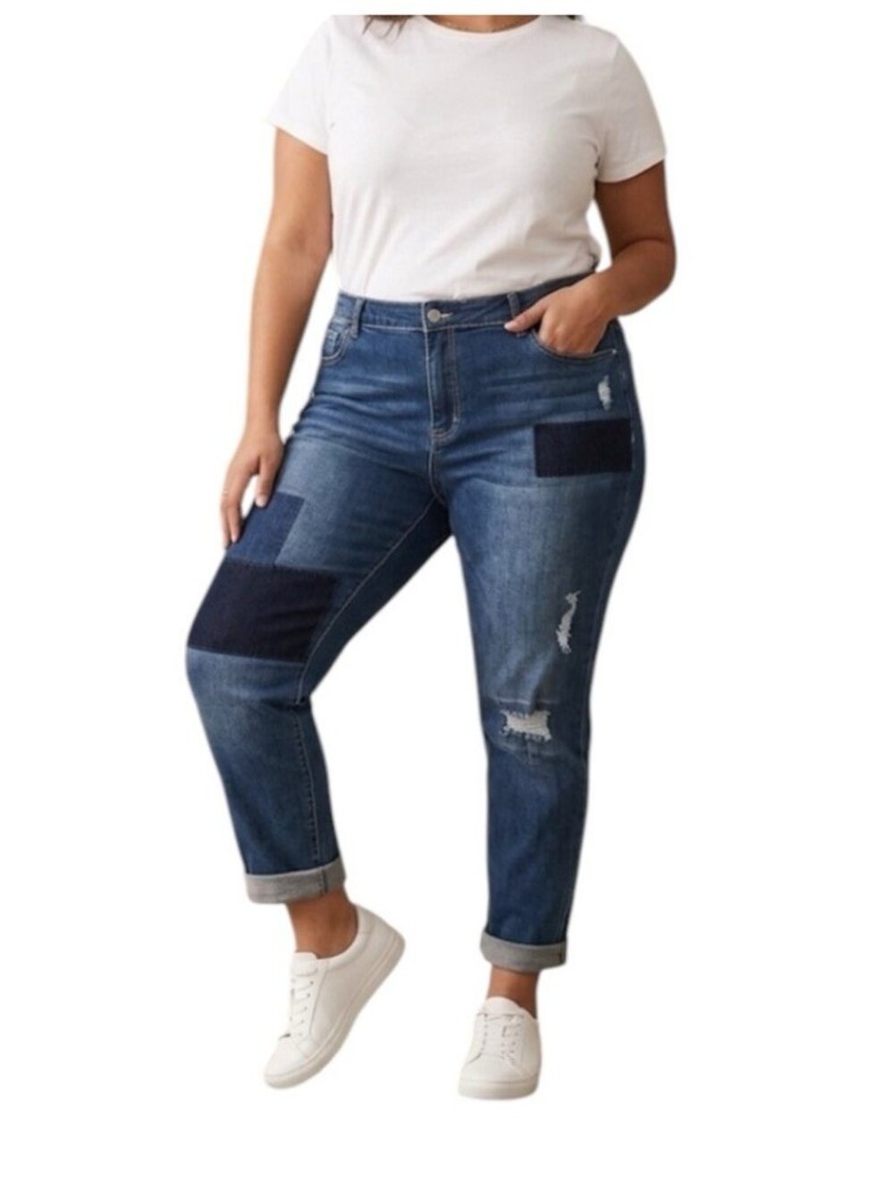 L&B Lucky & Blessed Patchwork Straight Leg Medium Wash Blue Jeans Size 24 3X